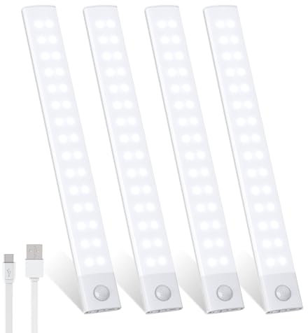 Forepin Unterbauleuchte Schrankbeleuchtung 3000 mAh, Unterbauleuchte Küche 60 Leds, USB-C Aufladbar 4 Stück Schrankbeleuchtung LED mit Bewegungsmelder 30cm LED Lichtleiste für Schrank Kleiderschrank