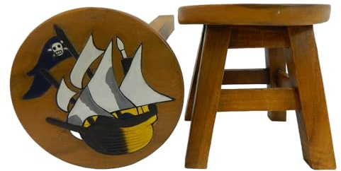 Children's Wooden Stool, Pirate Ship Design, Black & Yellow - Handmade Acacia Wood - Small Chair, Footstool or Side Table - Nursery & Bedroom Decor - Fun Step Stool - Ideal Christmas & Birthday Gift