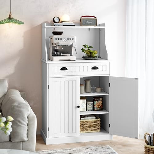 HOLTICO Küchenschrank Mikrowellenschrank Mehrzweckschrank Weiß mit Verstellbarem Regal,Schrank Freistehend für KücheWohnzimmer,Schlafzimmer,Esszimmer,Garage