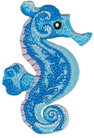 Seepferdchen Blau Aufnäher zum aufbügeln oder aufnähen Bügelbild Bügelpatch Kinder Aufbügler für Kleidung gestickter Bügelflicken Applikation Patch Größe 7,4 x 5,0 cm