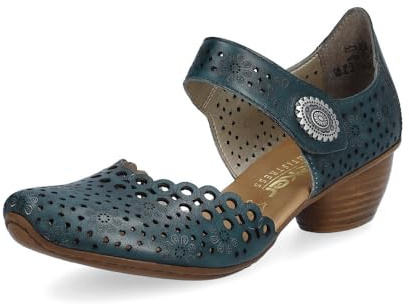 Rieker 43753 Mirjam Women's Mary Jane Heels - Low-Heel Leather Shoes with Adjustable Ankle Strap & Laser-Cut Design - Comfortable Women’s Heels for Casual & Dressy Wear, Petrol/Petrol, 8.5-9