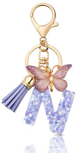 MORSUNBELA Porte-clés avec lettre initiale papillon porte-clés pour adolescentes et filles, Violet N, S