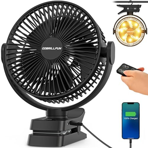 Ventilateur à clip 12 000 mAh avec télécommande, rechargeable avec lumière LED, 8,5 pouces, ventilateur de bureau USB avec 5 vitesses et minuterie, flux d'air puissant, convient pour voiturettes de