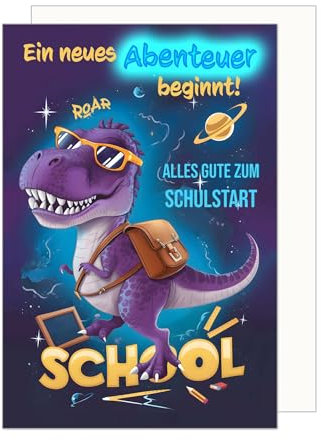 Edition Seidel Premium Glückwunschkarte zur Einschulung mit Umschlag. Einschulungskarte mit Spruch Karte Einschulung Kind Mädchen Junge Schulstart 1. Klasse Dinosaurier (ES147 SW024)