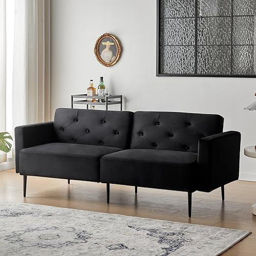 Cpintltr 74 Lovet-Fouch aus samt Schlafcouch Cents Futon Sofabett mit verjüngten Metallbeinen mit gepolsterten Fouches Sitze Wohnzimmer-Wohnküche (Schwarz)