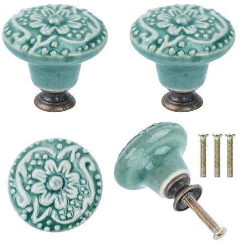 Dibotell Juego de 4 pomos para muebles vintage, diseño floral, color verde, de cerámica con tornillos, tiradores redondos para cajones, cómodas, armarios de cocina, pomos de muebles retro para
