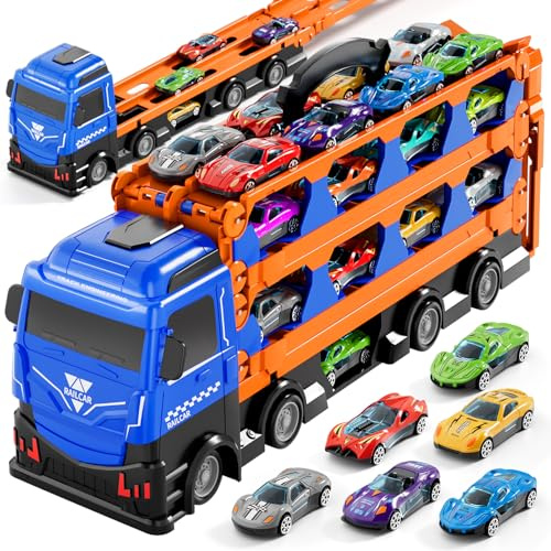 Transport LKW Spielzeug 78 Zoll mit 24 Druckguss Autos für Kinder 1–7 Jahre | Geeignet für Jungen, robustes Spielset, Geschenk für Geburtstag & Weihnachten, langlebiges Material, Verkehrslernfunktion