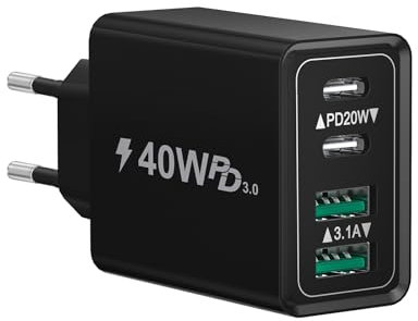 Chargeur USB C, 40 W 4 Ports Prise USBC Rapide, Double Port PD+QC Bloc Chargeur, Multiple Type C Adaptateur Secteur pour iPhone 16 15 14 13 12 11 Pro Max téléphone Samsung Tablette