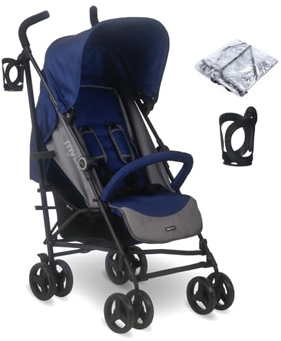 My Babiie MB02 Plus Stroller - from Birth to 4 Years (22kg), Lightweight & Compact Umbrella Fold, Travel Buggy for Toddlers, Pushchair Includes Cup Holder and Rain Cover - Blue & Grey