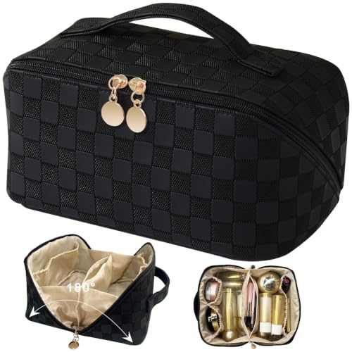 TOPALL Trousse de Toilette Voyage XL, Grande Capacité Pochette Maquillage en Cuir pour Femme et Fille