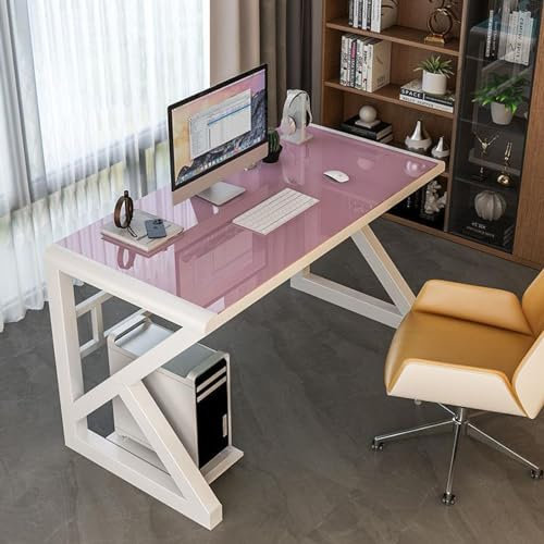 Tempered Glass Computer Desk, Modern Home Office Desk Gaming Desk Writing Study Table Workstation for Home Office(100CM, Pink+White Frame)