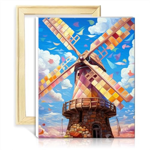 TANGFEIY Ölgemälde „Windmühlen“, DIY, Malen nach Zahlen, für Erwachsene und Anfänger, mit Pinseln und Acrylfarbe auf Leinwand, Haus, Art-Deco-Handwerk, ohne Rahmen (30 x 40 cm)
