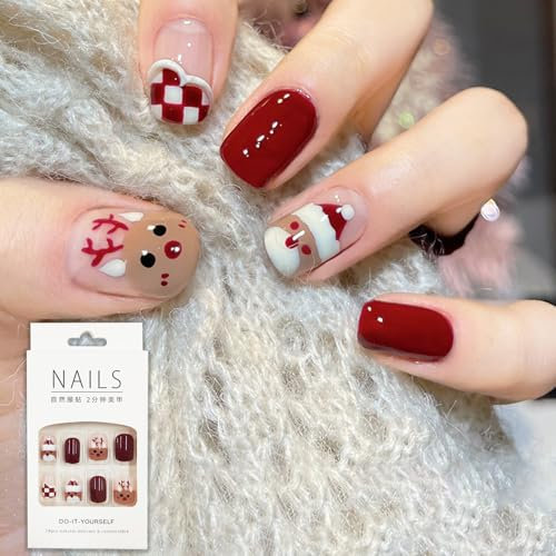 Christmas Press on Nails With Glue - Red Burgundy White Snowman Reindeer French Stick on Nail Art Decoration Accessories for Women (24PCS)