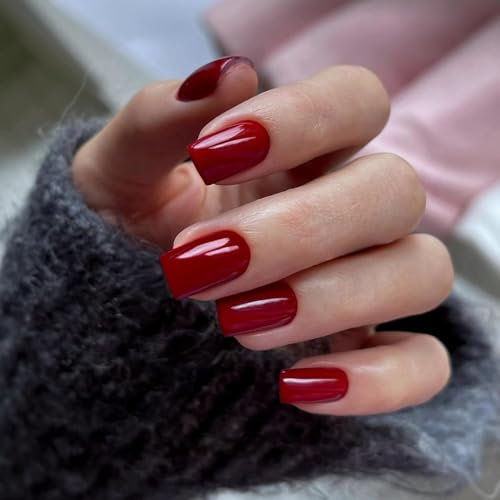 SXVME Wine Red Press on Nails Short Square Acrylic Short False Nails Coffin Natural Acrylic Fake Nails Set Elegant Solid Color Full Cover Glossy Gel Stick on Nail for Women Daily Wear 24 Pcs
