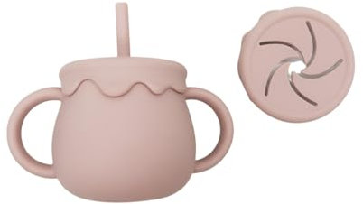 Muy Petit Vaso de Aprendizaje Bebe 3 en 1, Baby Cup, Vaso Antiderrame para Bebé de Silicona con Pajita y Tapa para Snacks, Vajilla Bebe, Vasos con asas de silicona (Rosa)
