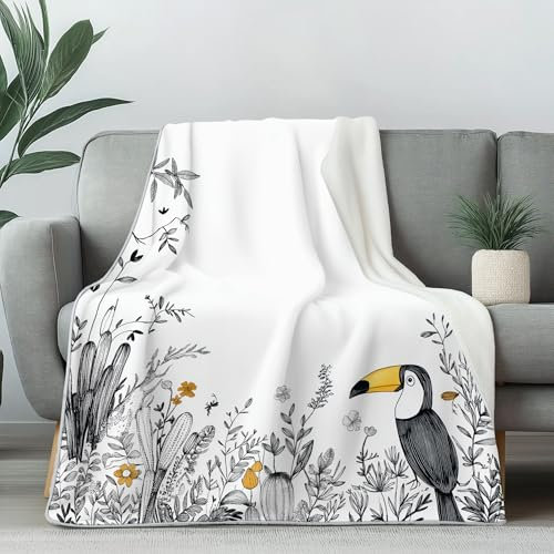 Pggong Niedlich Tukan Vogel Flauschig Decke 70x100cm, Wildpflanze Floral Kuscheldecke Weiche Flanell Couchdecke, Tropische Tiermuster Fleecedecke Waschbar Wohndecke für Bett Sofa