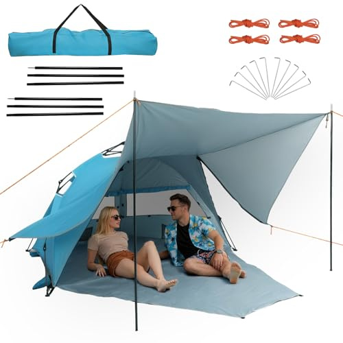 ZealWe Strandmuschel Pop Up Strandzelt, 4-5 Personen Automatisches Strand Zelt UV Schutz 50+, Tragbar Große Sonnenzelt mit Sonnensegel, Wind- & Sonnenschutz für Familien Strand Camping Garten, Blau