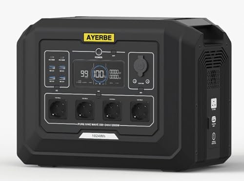 Station d'énergie AY-1024 Wh / 2000 W avec batterie LiFePO4, 2 000 W de sortie CA, USB-C 100 W, recharge solaire et voiture, pour urgences et extérieur