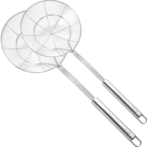 2 Stück Spider Sieb Skimmer, Edelstahl Asiatischer Sieb Ladel Bratlöffel mit Griff für Küche Braten Lebensmittel, Pasta, Spaghetti, Nudeln
