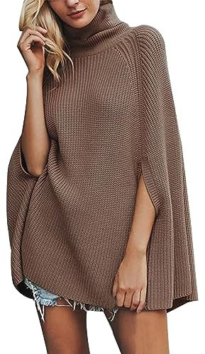 Fucsia Maglione da donna a maglia a collo alto da donna, stile mantello, poncho, colore nero, cachi, Taglia unica