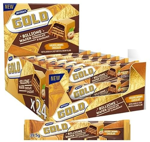 McVitie's Gold Billions Wafer Bars, Chocolate & Hazelnut 39 g (Pack of 24) | Golden Caramel Chocolate, Delicious Hazelnut, Vegetarian Friendly Snack, Multipack for Sharing