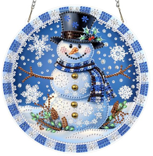 MOGTAA Weihnachten Diamond Painting Anhänger Schneemann, Winter Diamond Painting mit Kette Kinder Erwachsene, Diamant Painting Fensterbilder Beidseitig, Hängende Ornament Bastelset Set für Wand Decor