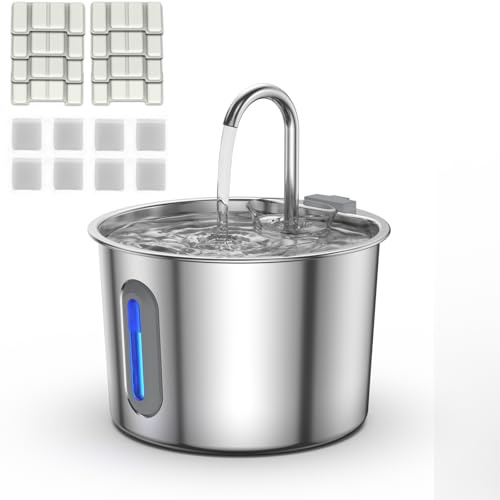 Cat Water Fountain for Drinking, Stainless Steel 2.2L 8 Filters + 8 Sponges | Automatic Dispenser, Faucet-Style Spout, Visible Water Level, Ultra-Quiet Pump, 3-Stage Filtration, Easy-Clean Design