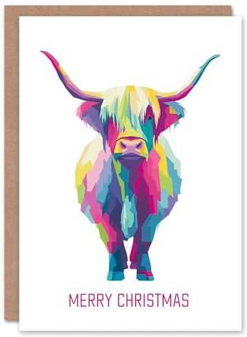Artery8 Christmas Card Highland Cow Scottish Hairy Coo Bright Colourful