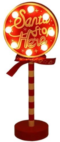 Hperu Panneau Rond du Père Noël Stop Here 30, 5 x 12, 7 cm, Lumineux, Rouge et Blanc, Autonome, alimenté par Batterie, pour décoration intérieure et extérieure - Décorations de Noël Lumineuses