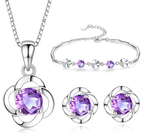 Kamise Schmuckset Damen Silber, 925 Sterling Silber Klee Halskette Ohrstecker Armband Set, Anhänger mit 45cm Silberkette & Ohringestecher & Armkette mit Weiß Zirkonia, schmuckset mit Geschenkbox