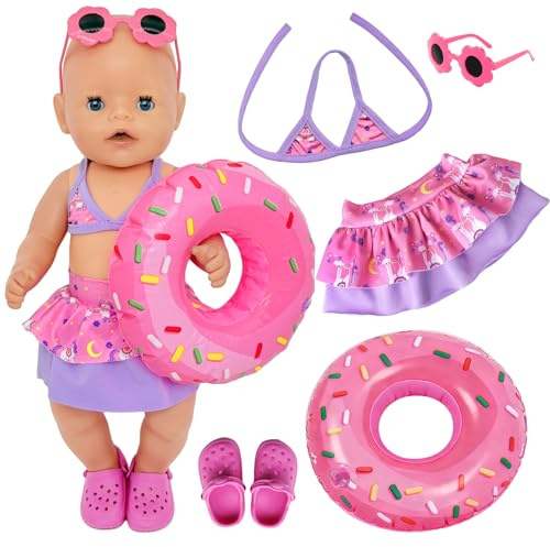 Baby Puppenbadeanzug Kleidung Set für 35–43 cm große Puppen, Babypuppen-Badeanzug mit Pony-Kleidung, Rock, Brille, Schwimmring, Hausschuhen, Rosa/Lila Puppenkleidung 43cm, als Geschenk für Mädchen