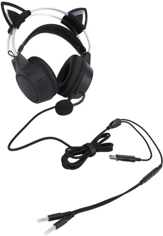 POENVFPO Casque de Jeu avec Oreilles de Chat avec éclairage RVB, Pilotes 50 Mm, Bandeau Réglable, Oreilles Amovibles, Micro USB Filaire pour PC, Ordinateurs Portables