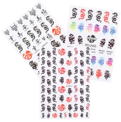 Dragon Nail Stickers Nail Decals Self Adhesive Paper 3 Sheets | Chinese Character Design, Shimmering Decoration for Fingernails and Toenails, Home Use or Party