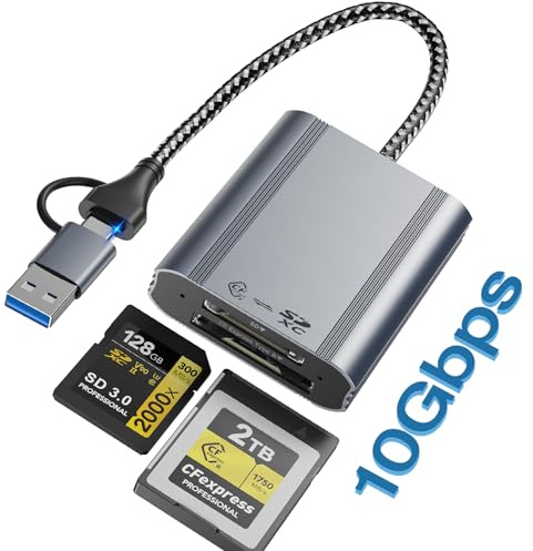2 in 1 CFexpress Type B & SD Card Reader 10Gbps USB3.2 Gen2, Aluminum Type B CFexpress Adapter Camera External USB-A/USB-C Cable CFB Card Reader Compatible with Windows/Mac OS/Linux/Android/Laptop, PC