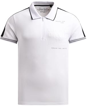 Camp David Herren Polo mit Zipper, Logo-Tapes und Prints White, M