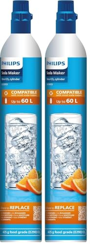 Philips Water ADDSODA Cilindro de CO2 para hacer agua espumosa, Carga para Máquina de Agua con Gas, Color Metalizado, 60 l (Paquete de 2)