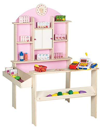 roba Marchande Enfant en Bois avec Horloge - Supermarché + Caisse Enregistreuse Microphone et Accessoires - Rose / Naturel