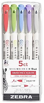 Zebra Pen Mildliner Double Ended Brush and Fine Tip Pen, Assorted Cool and Refined Colors, 5-Count