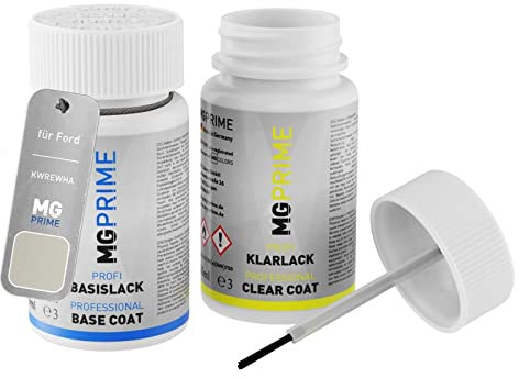 MG PRIME Peinture voiture kit de stylo retouche pour Ford KWREWHA / PN4GV0 Metropolis White Metallic/Metropolis-Weiss Metallic de base de vernis de 50ml par flacon