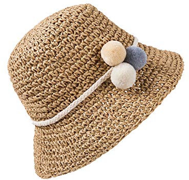 HONGXIN-SHOP Strohhüte Atmungsaktiver Sonnenhüte Strand Kappe Cap Kinder Mädchen Strohhut Sommer Reise Schutz Cap mit Haarball für den Urlaub Reise Outdoor-Aktivitäten 52cm Khaki
