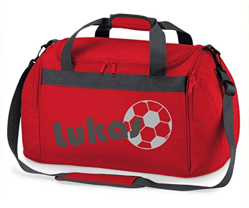Sporttasche mit Namen | inkl. NAMENSDRUCK | Motiv Fußball | Personalisieren & Bedrucken | Reisetasche Jungen Ball Sport-Verein | blau schwarz (rot)