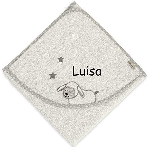 Sterntaler Kapuzenhandtuch bestickt mit Namen für Baby & Kinder 100x100 cm, Kapuzen-Badetuch (Schaf Stanley, Beige)