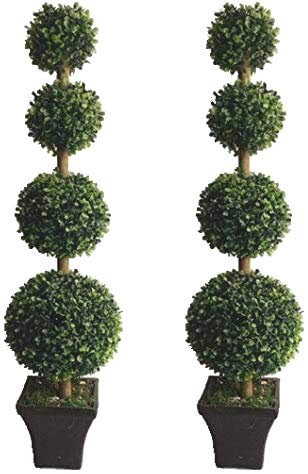 Pair of Artificial Box Topiary 4 Ball Trees in Weighted Resin Pots 90cm (3ft)