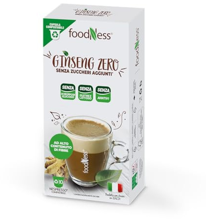 FoodNess - Capsula Caffè al ginseng amaro compatibile con sistema nespresso senza glutine, lattosio e zuccheri aggiunti(3 box Tot. 30 capsule)