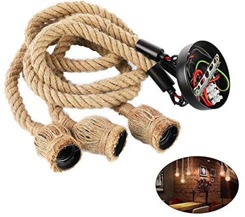 EUNEWR Retro Hanfseil Industrie Kronleuchter, DIY Hanfseil Vintage Hängenden Pendelleuchte mit E27 Lampenfassungen, Vintage Industrielles Deckenleuchte für Wohnzimmer Restaurant (3 lights)