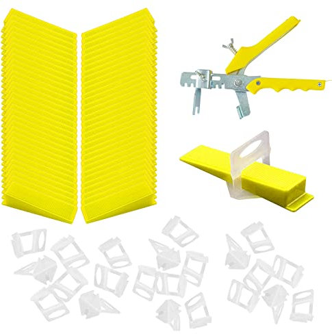100 Cales et 100 Entretoises et Fixations de 1 mm, Système de Nivellement des Carreaux, Kit d'aide à l'installation des Carreaux, Pour outils Pour Sols et Carreaux (Jaune et Transparent)