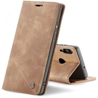 Chocoyi Schutzhülle aus Leder für Huawei P Smart 2019, Schutzhülle aus PU-Leder, Brieftasche, Magnetverschluss, Kartenfächer, Standfunktion, Braun