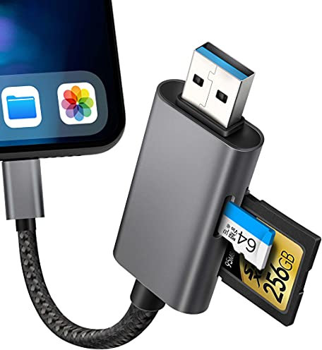 WNXSLOAD SD Card Reader for iPhone iPad, Dual Slot SD/Micro SD Card Adapter, USB 3.0, 5Gbps, Compatible with iPhone iPad Laptop PC, Portable No App Required