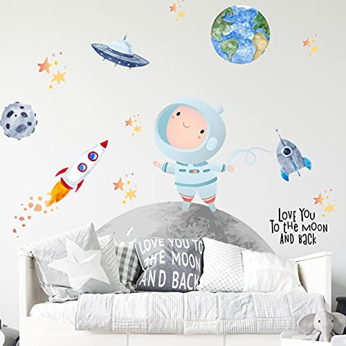 Astronaut Wandtattoo V295 | handgezeichnet | AUFKLEBER Kindergarten | Wandsticker Kinderzimmer Weltraum Rakete Mondreise Erde Sterne Raumschiff Planeten (60 x 60 cm)