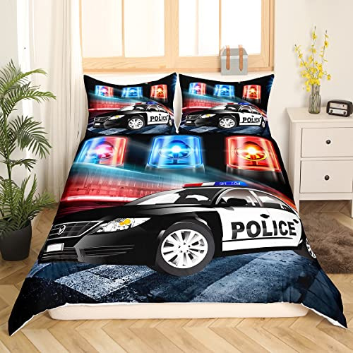 Kinder Polizei Auto Bettwäsche Set Kleinkind Jungen Polizist Bettbezug Schwarz The Polica Fahrzeug Bettwäsche 155x220 cm Auto Auto Dekor Betten Set mit 1 Kissenbezügen für Erwachsene Mädchen